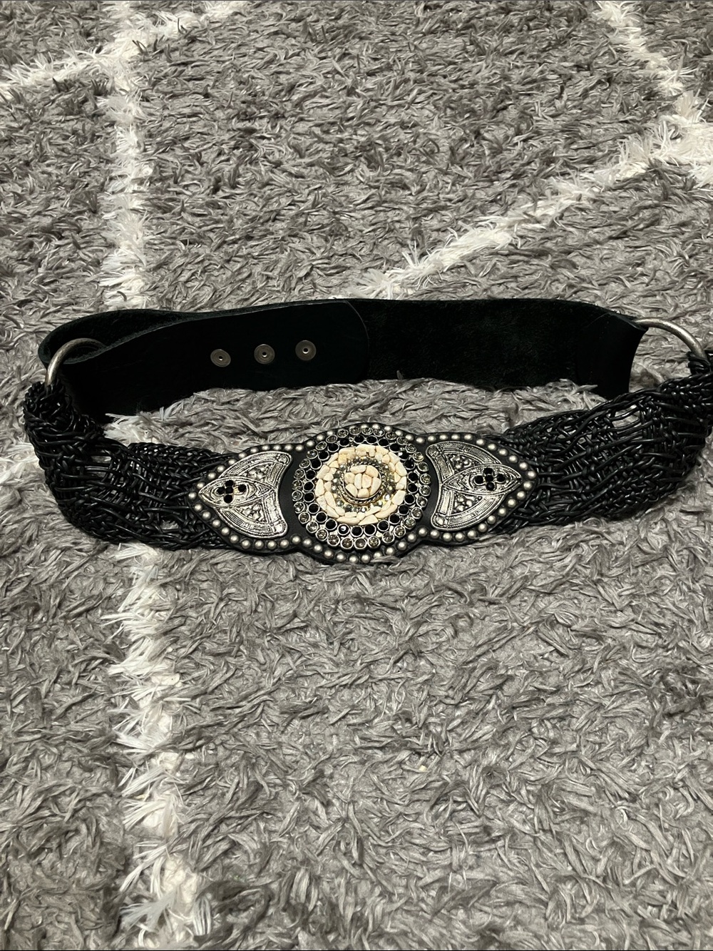 Embellished Black Beaded Waist Belt with Central Stone Accent